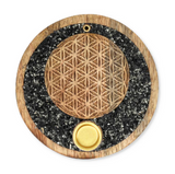 Porte-encens Fleur de Vie en bois de manguier, tourmaline et pyrite - univers tibet