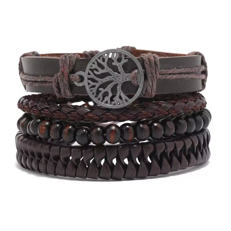 Conjunto de 4 brazaletes de la Vida en madera, cuero negro y marrón sintético y cuerda trenzada - Mundo Tibet