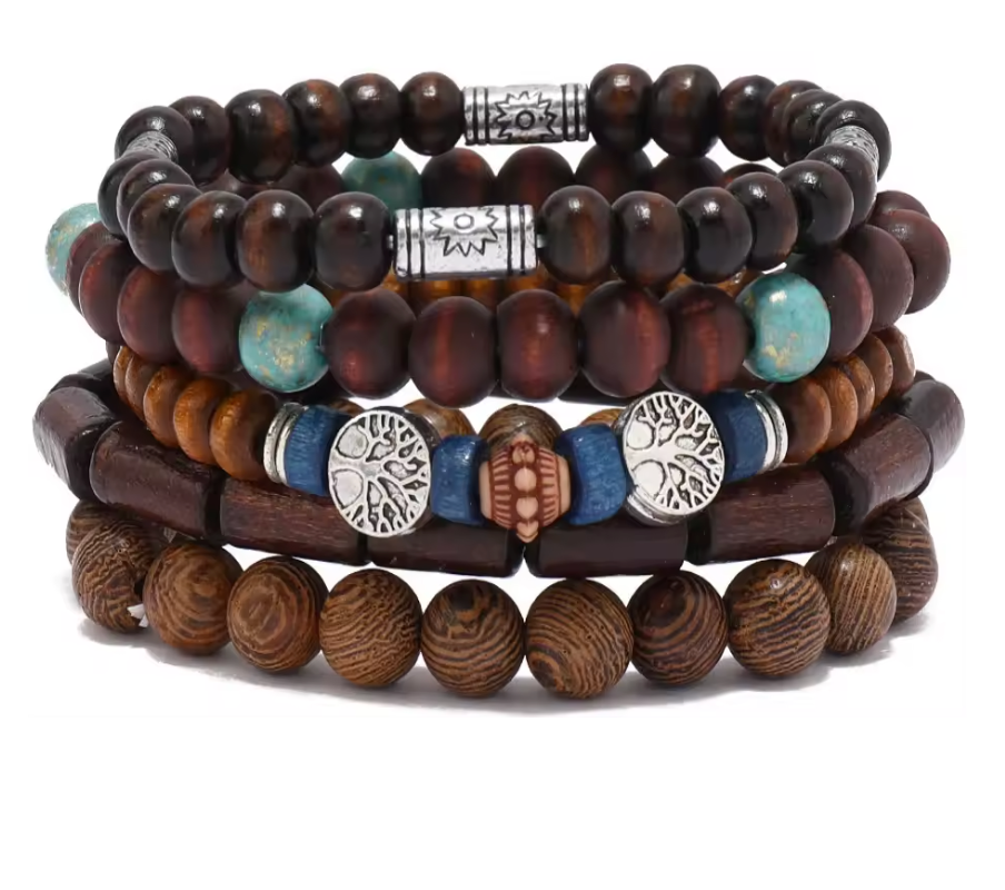 Set of 5 Tree of Life Bracelets with Wooden Beads and Colorful Beads - Tibetan Universe