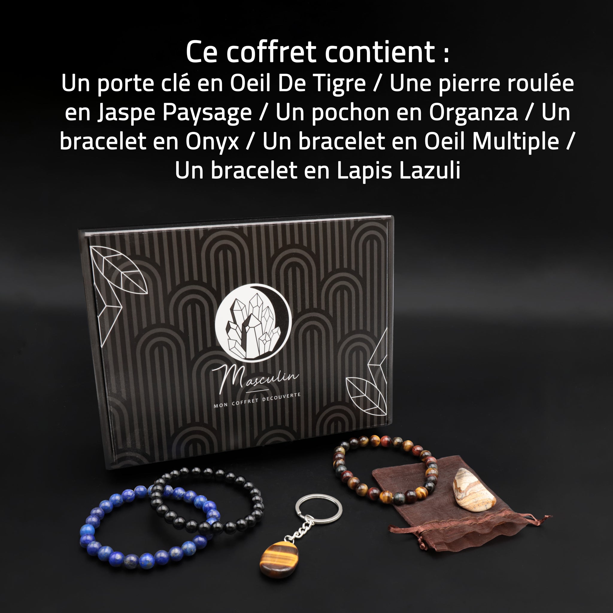 Coffret cadeau Découverte masculin – Force, Protection & Maîtrise avec bracelets et pendentif en pierre naturelle, displayed sur fond noir.