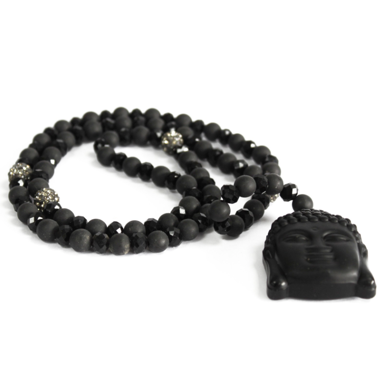 mala tibetain en Agate Noire à tete de bouddha