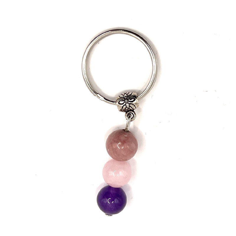 Schlüsselanhänger aus Rosenquarz, Rhodorit und Amethyst – Tibetwelt